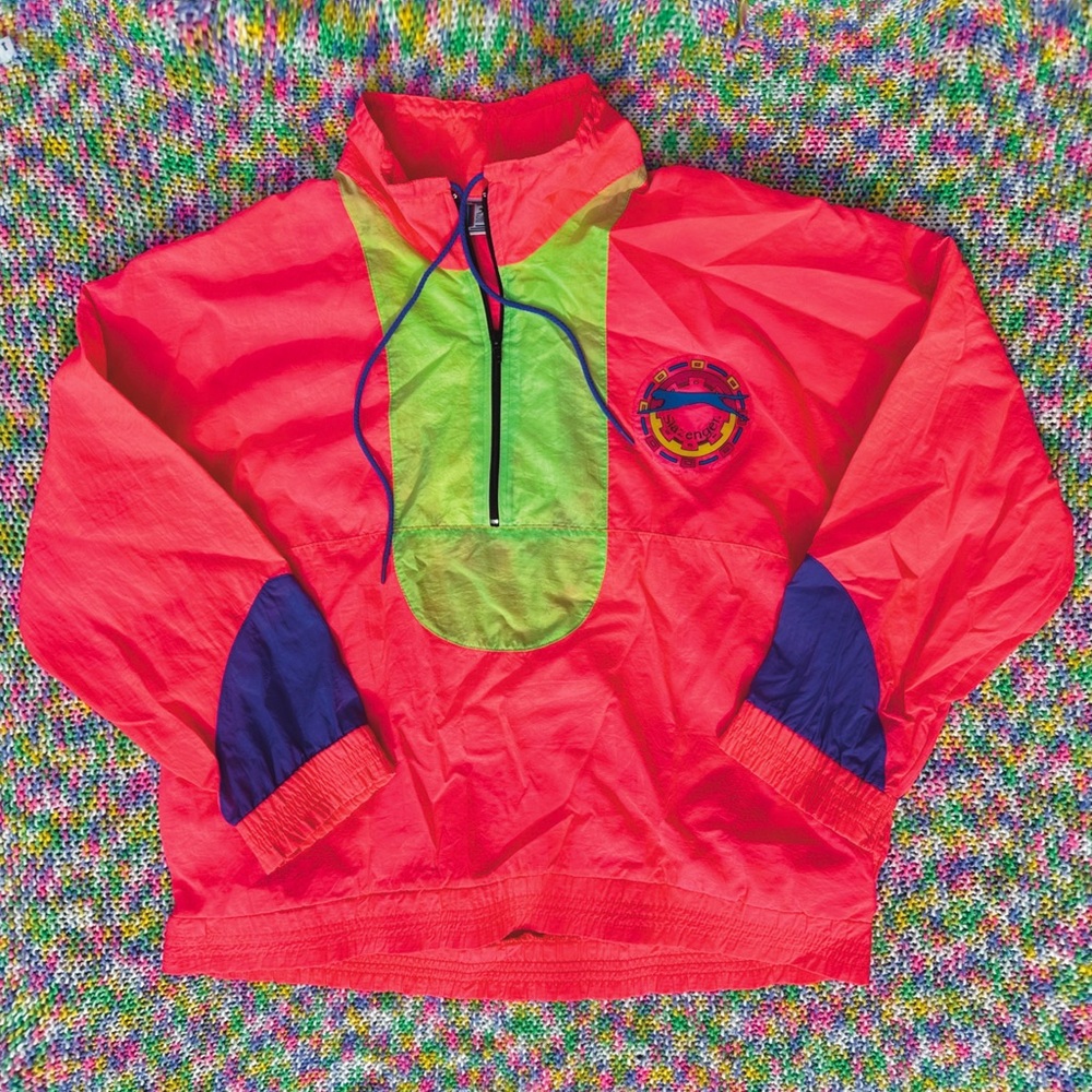 Vtg Slazenger Windbreaker Jacket Sz Medium Neon Pink Green & Purple 80s 90s